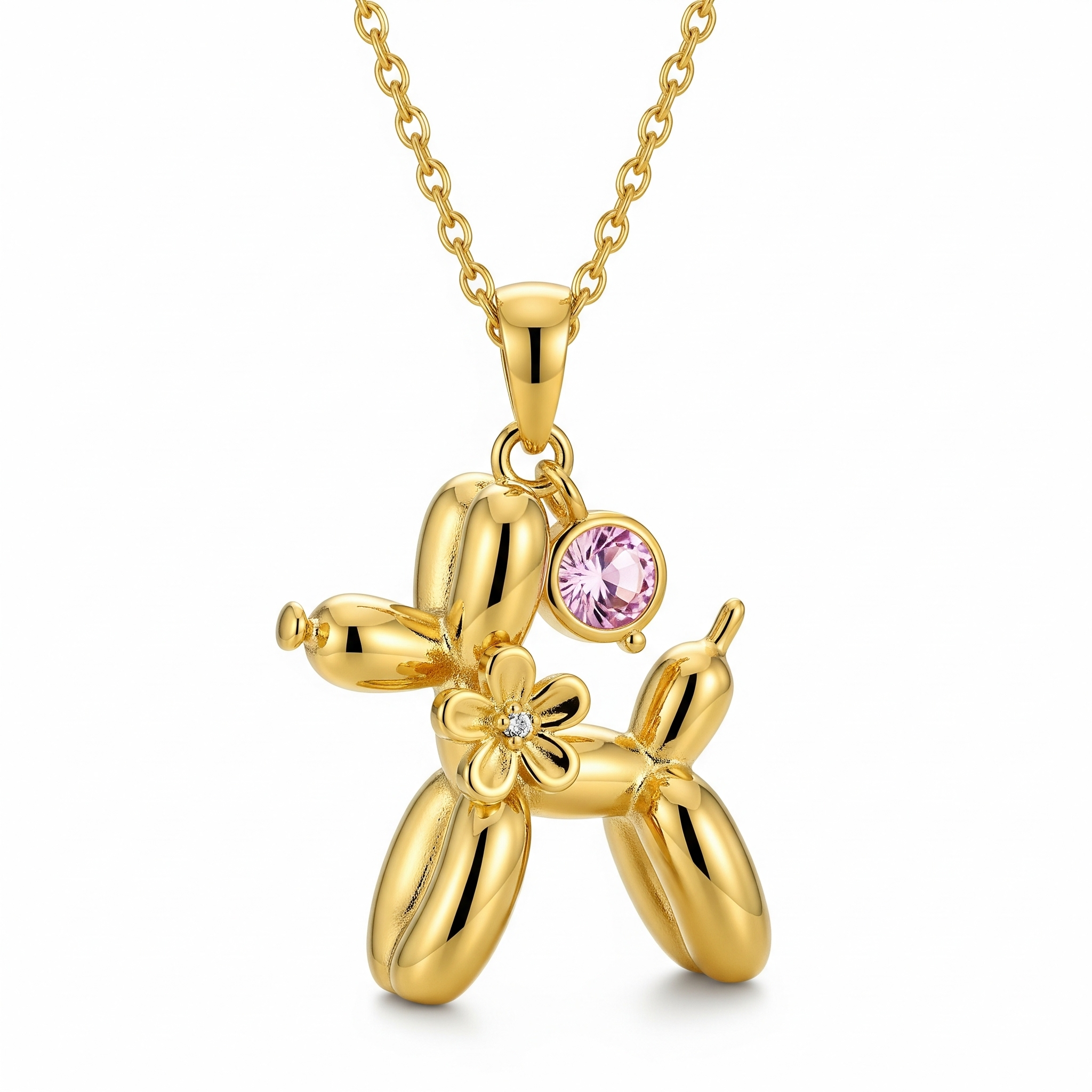 Balloon Dog Pendant Necklace with Pink Crystal and Flower Accent in Stainless Steel
